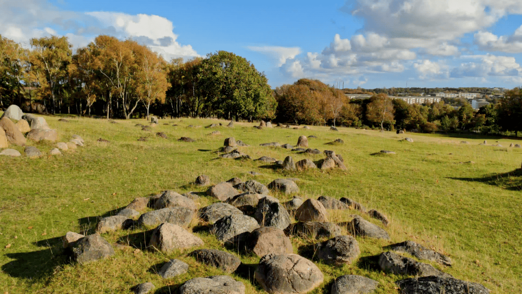 Stones in several different patterns on a green hill. These stones mark Viking burial grounds